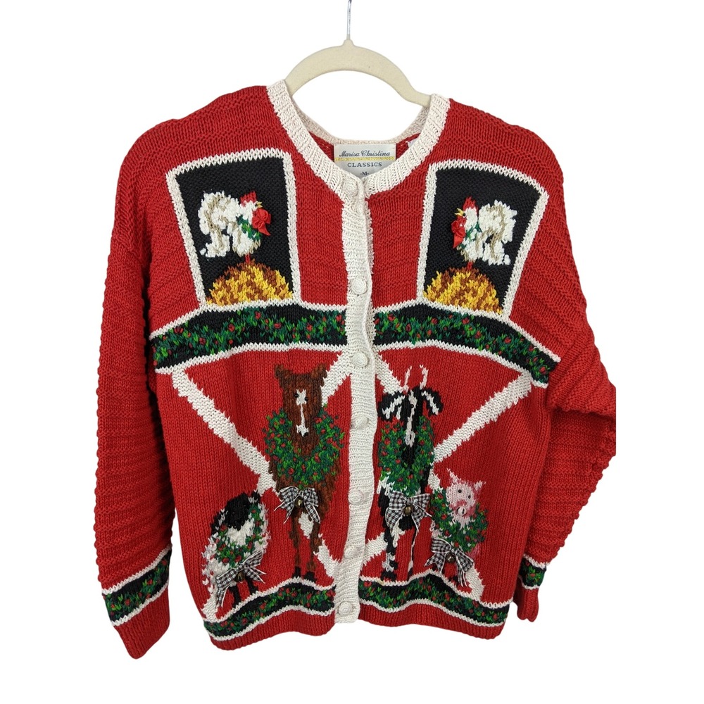 Marisa Christina Vintage 1994 Christmas Farm Animal Cardigan‎ Sweater Red M